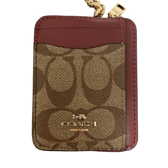 COACH Leather Zip Card Case Signature Khaki Cherry Detachable Chain NWT - Picture 10 of 11